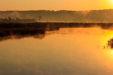 Gün doğumunda sisli nehir manzarası. Sabaha karşı sisli