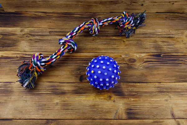 Colorful Rope Toy Dog Blue Dog Toy Ball Wooden Background — Photo