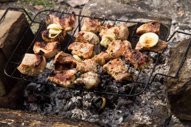 Izgarada domuz eti kızartılıyor. Kömürde et, barbekü yakın.