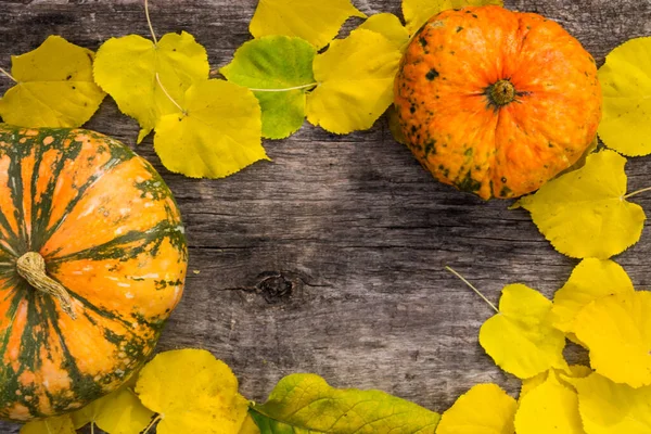 Rahmen Aus Herbstgelben Blättern Und Kürbis Auf Rustikalem Holzgrund Ansicht — Stockfoto