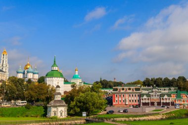 Sergiev Posad, Russia - August 15, 2019: View of Hotel and restaurant complex Russian courtyard and Trinity Lavra of St. Sergius in Sergiev Posad, Russia