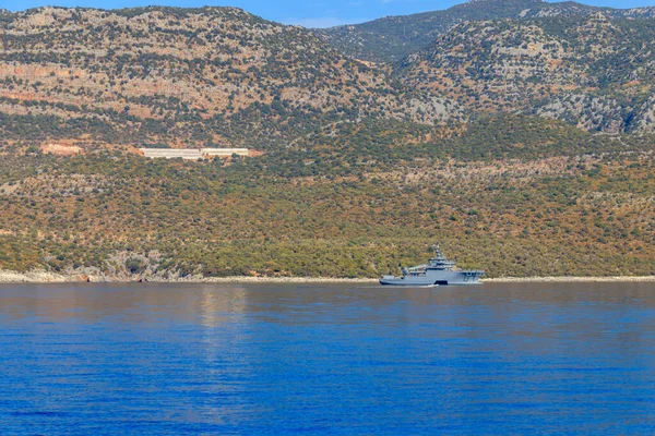 Turkish navy warship sailing in the Mediterranean sea. Protection of water borders of Turkey