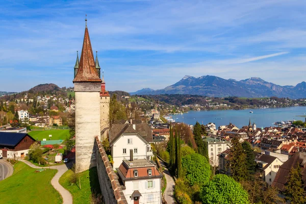 Top View Lake Lucerne Old Town Musegg Wall Towers Lucerne — Stock Photo, Image