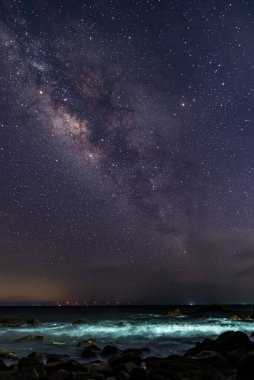 Deniz kenarındaki yıldızlı gökyüzü ve Samanyolu