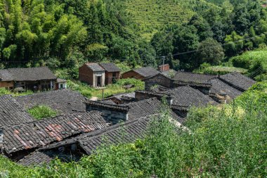 Kırsalda, mavi gökyüzünün altında tarlalar ve evler