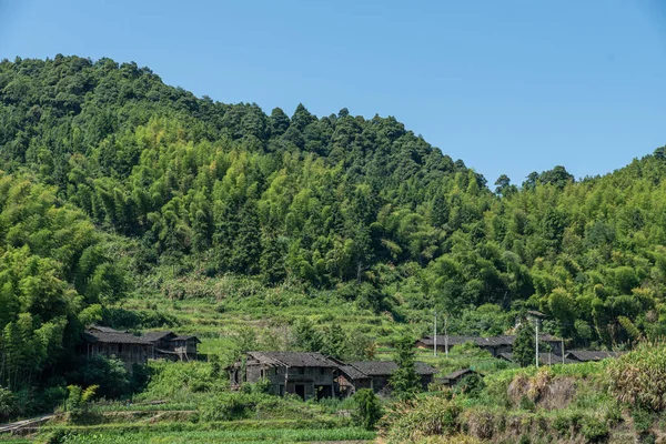 Campos Casas Campo Bajo Cielo Azul —  Fotos de Stock