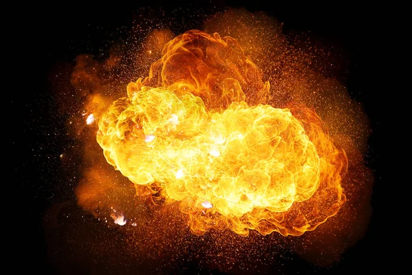 黒の背景に隔離された火花と煙で現実的な燃える爆発 — ストック写真