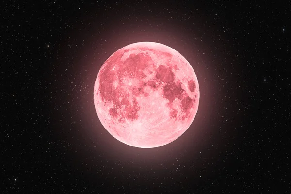 Розовая Полная Суперлуна Светится Розовым Ореолом Окружении Звезд Черном Фоне — стоковое фото