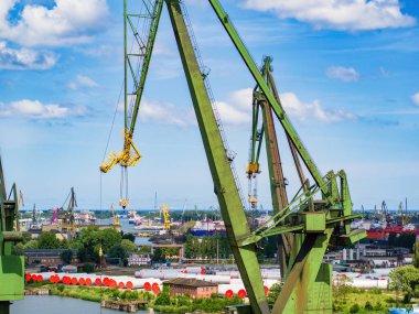 Cranes in Gdansk shipyard, aerial landscape