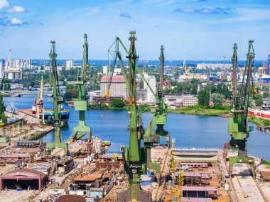 Cranes in Gdansk shipyard, aerial landscape