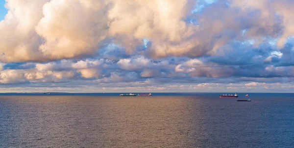 Moody Sky Container Ships Swimming Sea Gulf Aerial Landscape Dusk — Stock Photo, Image