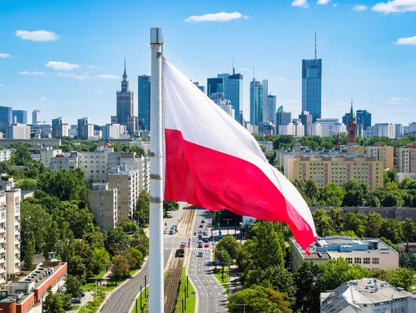 Polish National Flag Skyscrapers Warsaw City Center Aerial Landscape Blue 스톡 이미지