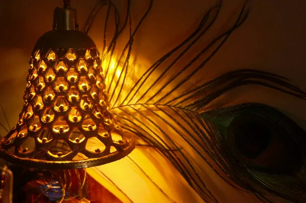 Beautiful Peacock Wing Bell Elementos Tradicionais Hindus Cultura Religião Hindu — Fotografia de Stock