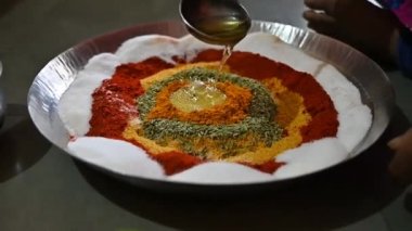 Dry Masala Mix With Hot Oil. Making Of Green Mango Pickle. Indian Maharashtra Food. Indian Pickle. Dry Masala
