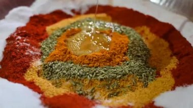 Dry Masala Mix With Hot Oil. Making Of Green Mango Pickle. Indian Maharashtra Food. Indian Pickle. Dry Masala