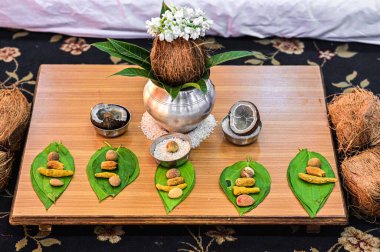 Coconut and Betel Leaf. Hindu Engagment Worship Ceremony and Rituals With Coconut. Maharashtra Ceremony
