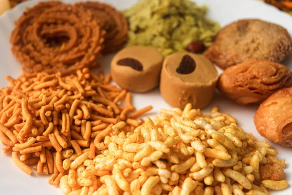 Mix Indian Snacks White Plate Holiday Time Fresh Tasty Food — Stock Photo, Image