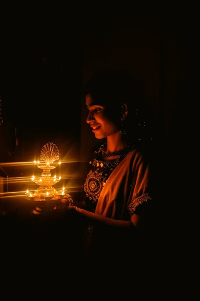 Happy Festival Lights Beautiful Girl Beautiful Indian Lights — Foto de Stock