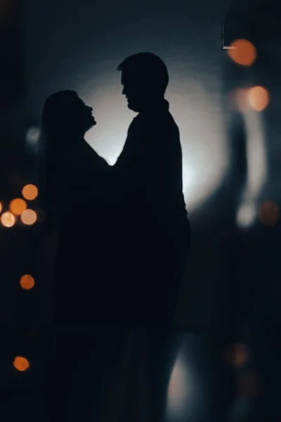 Romantic Silhouettes Couple Lights Love Love Both She — Zdjęcie stockowe