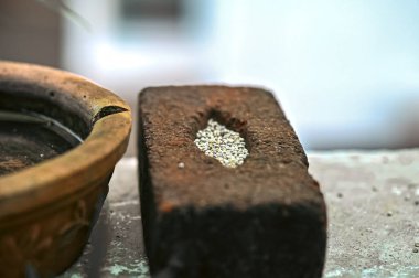 Taşın içindeki tohumlar ve su kabı. Kuş koruması. Sokak Kuşları için Yiyecek.   