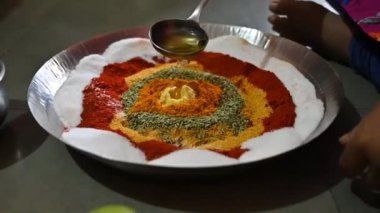 Dry Masala Mix With Hot Oil. Making Of Green Mango Pickle. Indian Maharashtra Food. Indian Pickle. Dry Masala