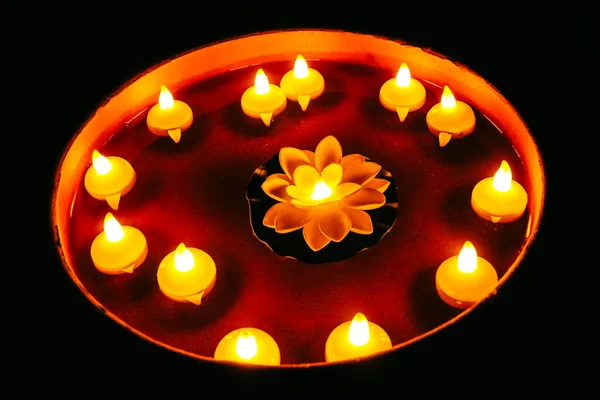 Brûler Bougie Dans Happy Home Joyeux Diwali Rangoli Avec Lumières — Photo