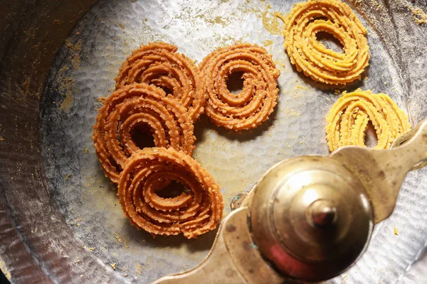 Pittige Indiase Chakhali Maken Traditionele Snacks Voor Diwali Festivals Indian — Stockfoto