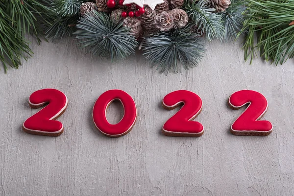 Червоний Номер 2022 Пряників Різдвяного Вінка Добрий Новорічний Дух Світло — стокове фото