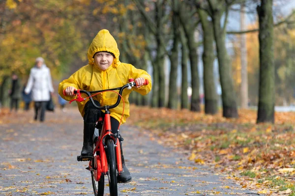 Joyful boy in raincoat rides bicycle in an autumn park. Child in yellow raincoat rides bicycle, sunny day.