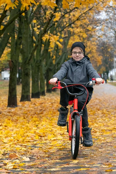 秋の公園で眼鏡をかけた男の子が自転車に乗ってカメラを見ている — ストック写真