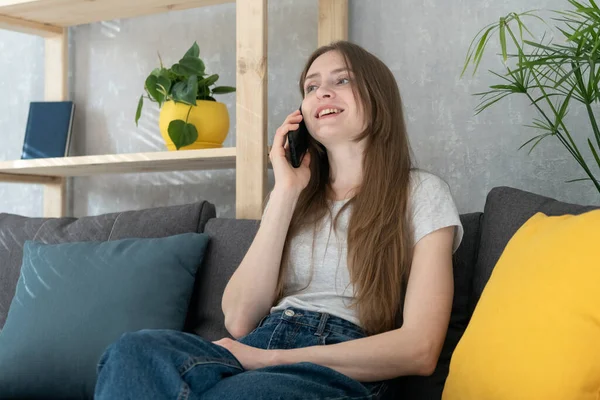 Girl Teenager Talking Phone Sitting Couch Living Room Telephone Call — Stock Photo, Image