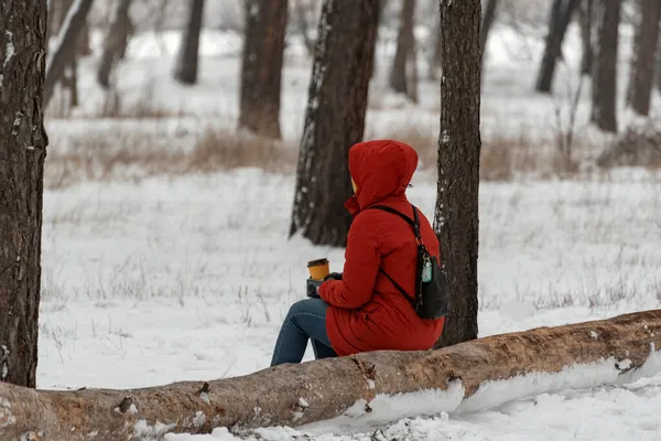 Γυναίκα Κόκκινα Ζεστά Ρούχα Κάθεται Κούτσουρο Στο Χειμερινό Πάρκο Φλιτζάνι — Φωτογραφία Αρχείου