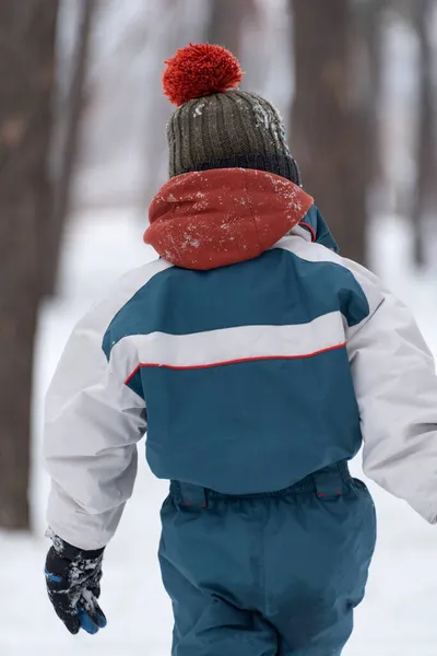 Detailní Portrét Dítěte Zimním Oblečení Chlapec Stojí Zády Zasněženém Lese — Stock fotografie
