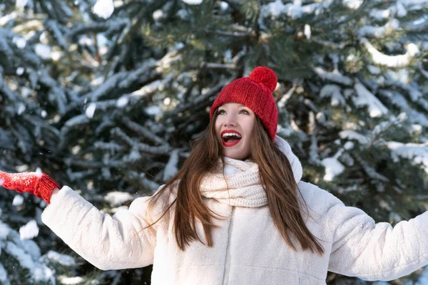 Feliz Chica Morena Hermosa Sombrero Rojo Con Bubo Lanza Nieve — Foto de Stock