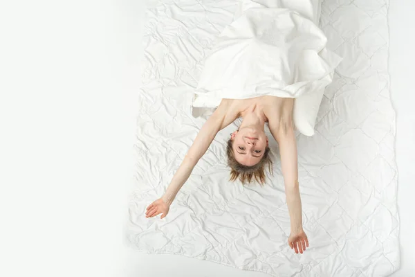 Beautiful Naked Woman Lies Bed Hands Covered White Sheet Enjoys Royalty Free Stock Photos