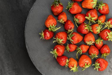 Kırmızı olgun çilek arka planı. Kapatın. Üst Manzara. Gri tabakta taze toplanmış çilekler.