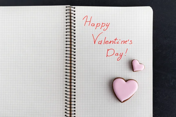 Inscripción Manuscrita Cuaderno Feliz Día San Valentín Pequeños Corazones Rosados — Foto de Stock