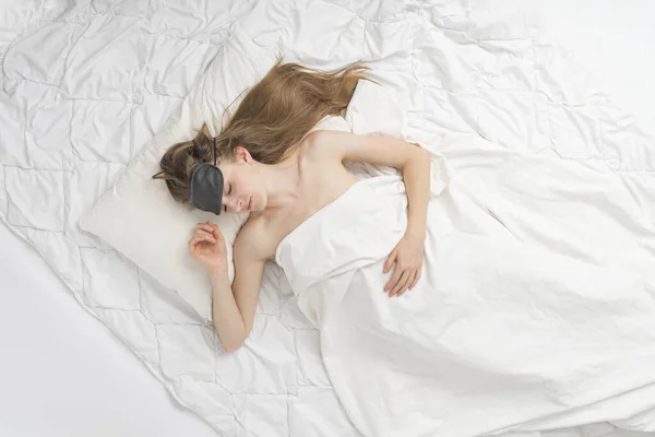 Young Beautiful Blond Woman Sleeping Naked Covered White Sheet Girl — Stock Photo, Image