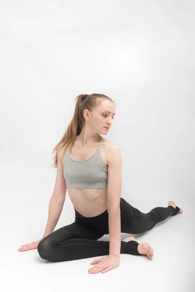 Portrait Strong Young Fitness Woman Make Yoga Stretching Exercises White — Stockfoto
