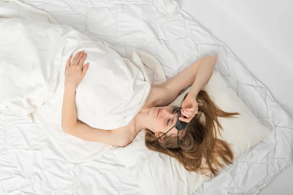 Young Woman Wakes Morning Takes Her Sleep Mask Portrait Girl — Stock Photo, Image