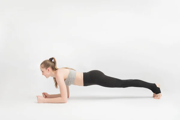 Exercise Plank Young Woman Doing Pilates Working Abdominal Muscles White — Fotografia de Stock