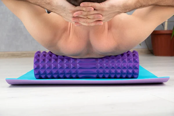Man Doing Back Massage Myofascial Roller Close Myofascial Release Back — стоковое фото