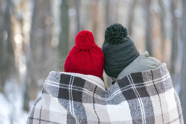 在公园里 戴着针织帽子 冬天头戴丁字裤的男人和女孩被温暖的毛毯覆盖着 背景色 — 图库照片