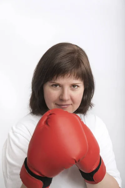 Portrait Dark Haired Girl Boxing Gloves White Background Women Rights — Stok fotoğraf