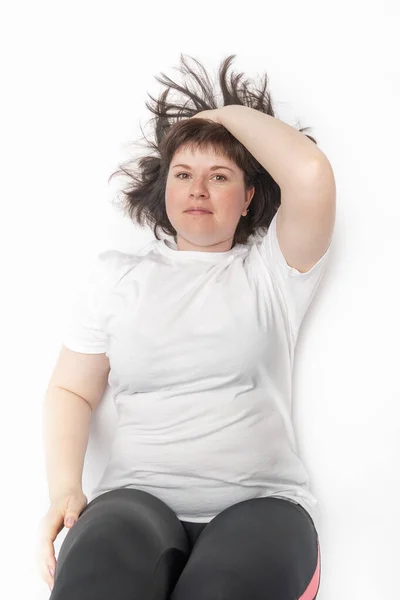 Young Plump Woman Tired Playing Sports Top View Portrait Chubby — Stock Photo, Image