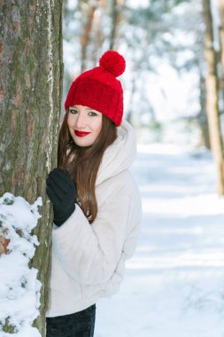 Young beautiful brunette woman in winter in park in bright red hat. Vertical frame.