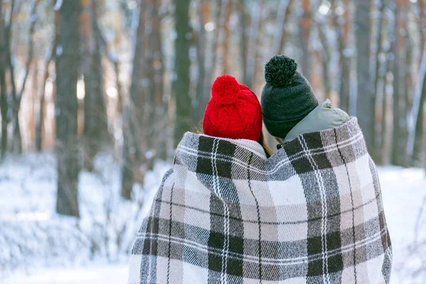 在公园里 戴着针织帽子 冬天头戴丁字裤的男人和女孩被温暖的毛毯覆盖着 后视镜复制空间 — 图库照片