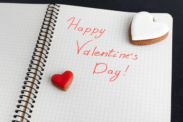 Mensaje Del Cuaderno Feliz Día San Valentín Galletas Forma Corazones — Foto de Stock