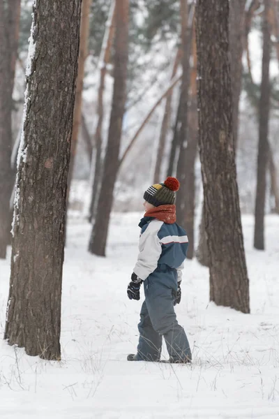 Child Knitted Hat Winter Jumpsuit Walks Winter Forest Background Side — Φωτογραφία Αρχείου