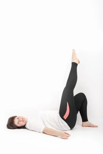 Curvy Woman Sportswear Holding Doing Exercise Girl Lies Back Her — Stock Photo, Image